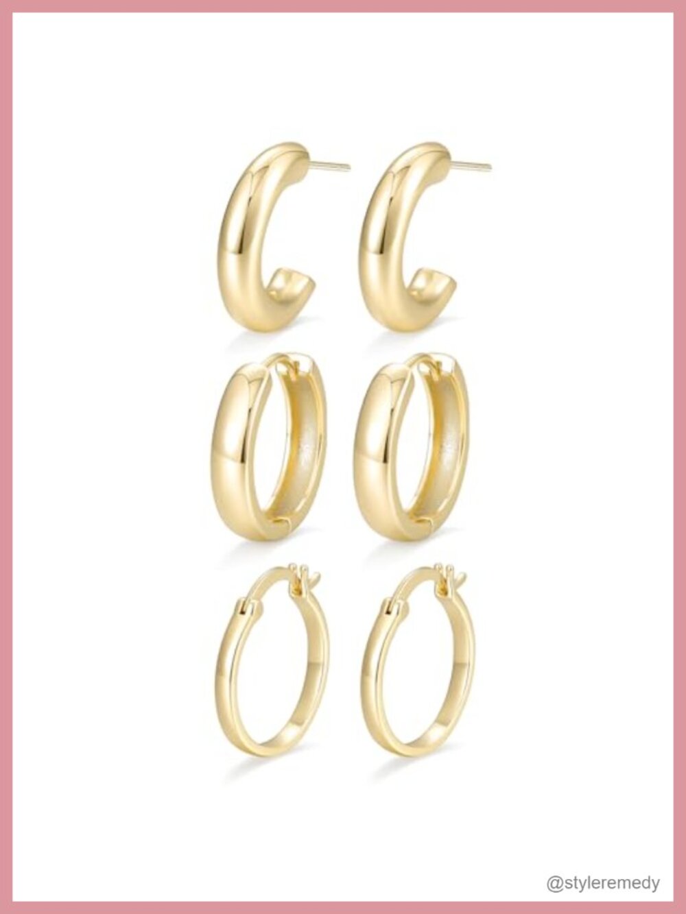 14K Gold Plated Hoop Earrings Set 3 Pairs Classic Simple
